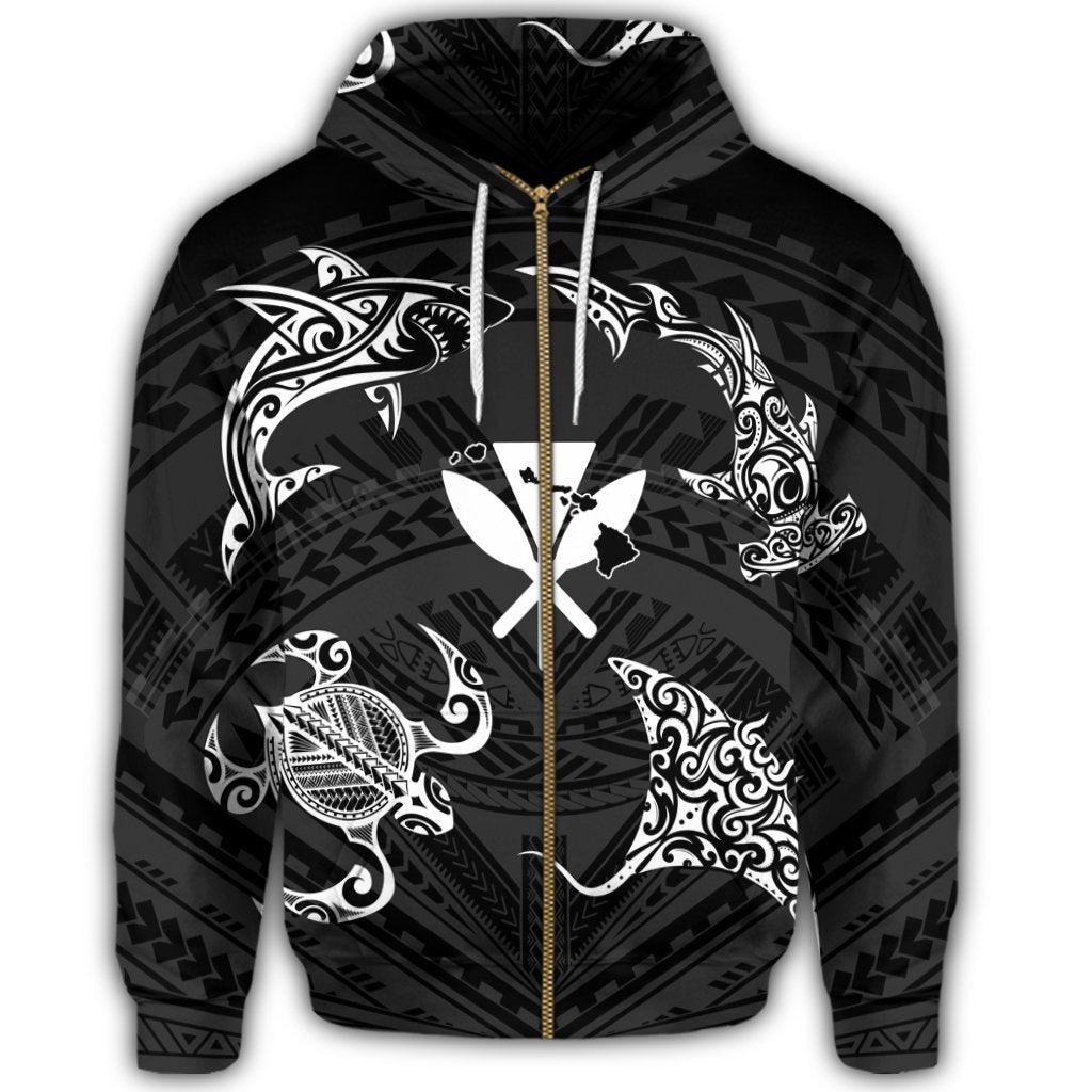 Polynesian Turtle Hammerhead Shark Ray Kanaka Hawaii Zip Hoodie Circle - Polynesian Pride