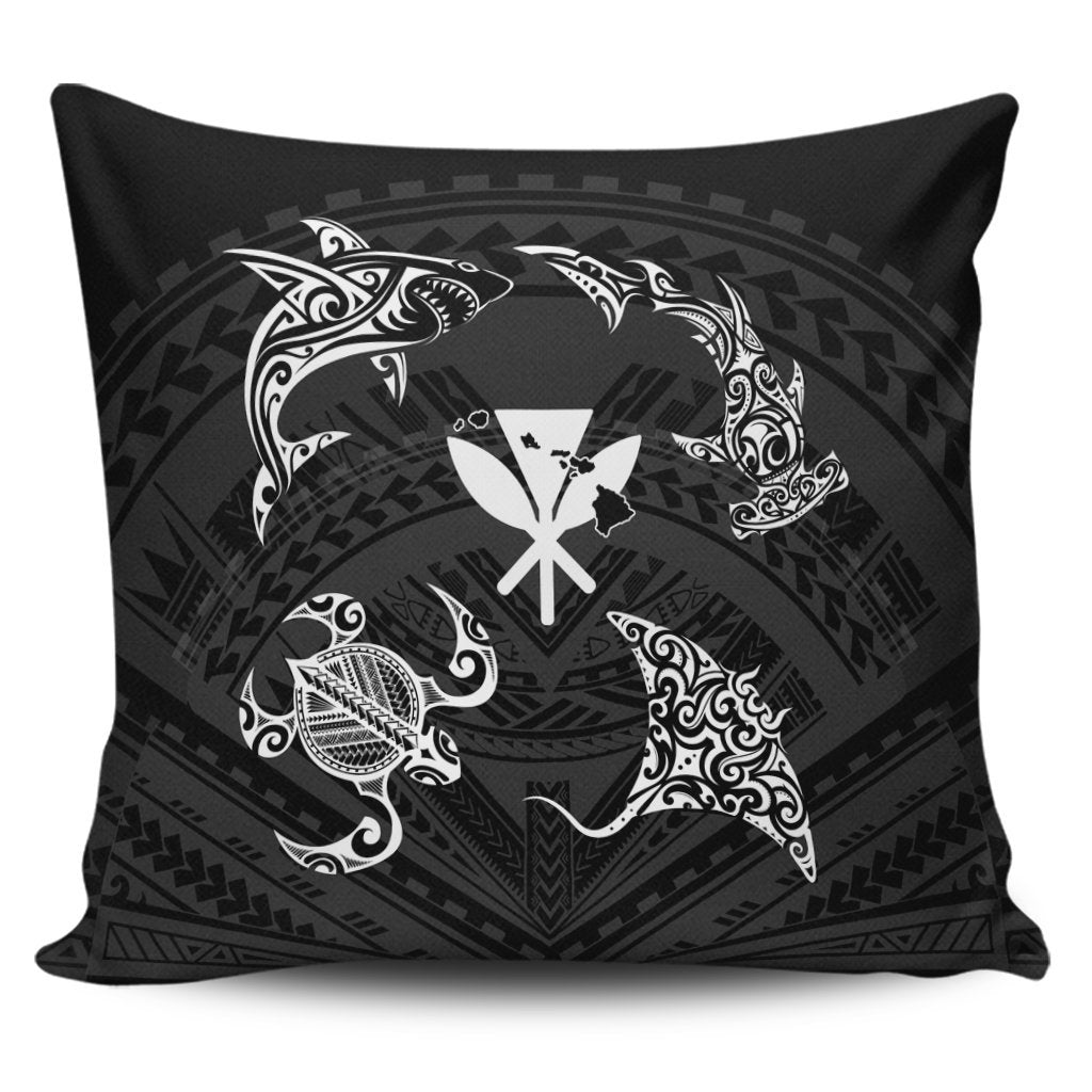 Polynesian Turtle Hammerhead Shark Ray Kanaka Hawaii Pillow Covers Circle - AH Pillow Covers Black - Polynesian Pride