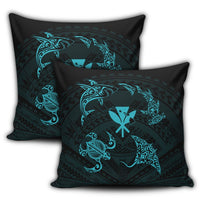 Polynesian Turtle Hammerhead Shark Ray Kanaka Hawaii Pillow Covers Circle Blue - AH - Polynesian Pride
