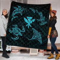 Polynesian Turtle Hammerhead Shark Ray Kanaka Hawaii Premium Quilts Circle Blue - AH - Polynesian Pride