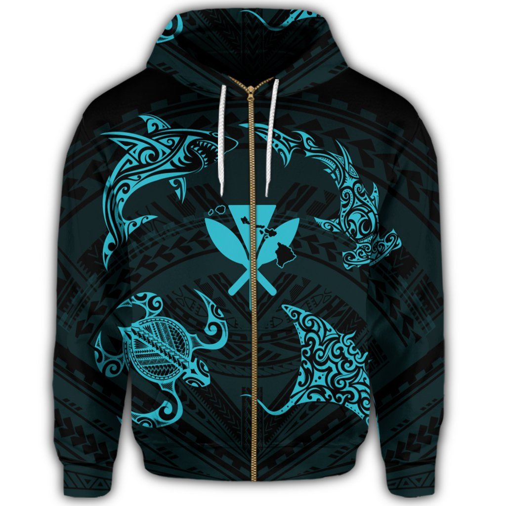 Polynesian Turtle Hammerhead Shark Ray Kanaka Hawaii Zip Hoodie Circle Blue - Polynesian Pride