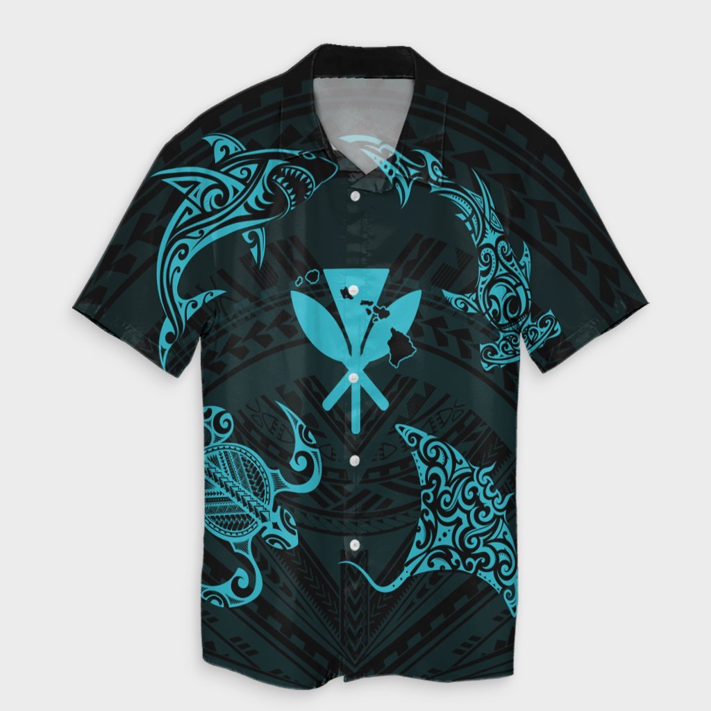 Matching Dress and Hawaiian Shirt Polynesian Turtle Hammerhead Shark Ray Kanaka Hawaii Circle Blue RLT14 - Polynesian Pride