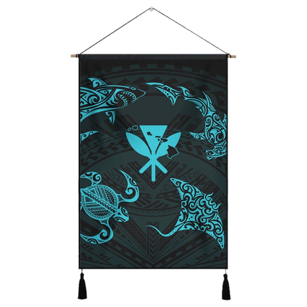 Polynesian Turtle Hammerhead Shark Ray Kanaka Hawaii Hanging Poster Circle Blue - AH Hanging Poster Cotton And Linen - Polynesian Pride