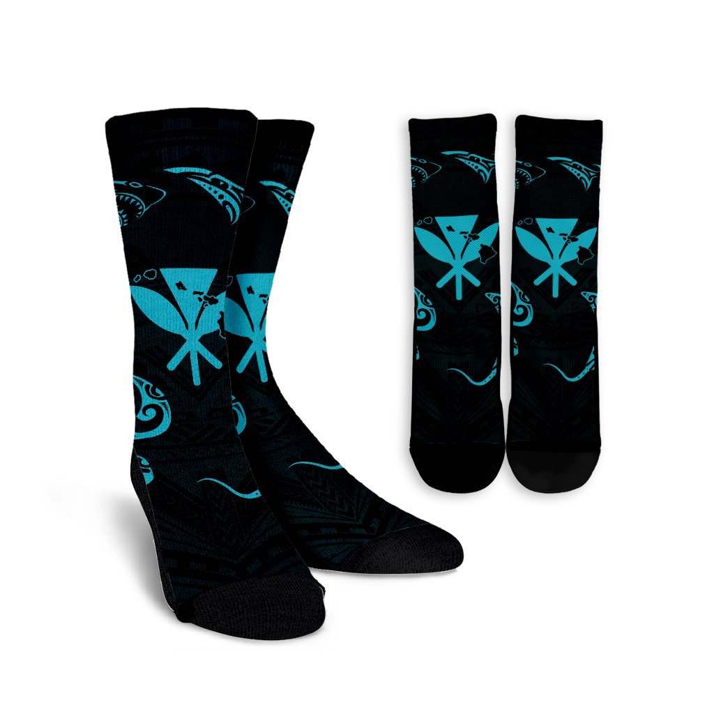 Polynesian Turtle Hammerhead Shark Ray Kanaka Hawaii Crew Socks Circle Blue - AH Crew Socks White - Polynesian Pride