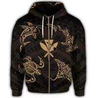 Polynesian Turtle Hammerhead Shark Ray Kanaka Hawaii Zip Hoodie Circle Gold - Polynesian Pride