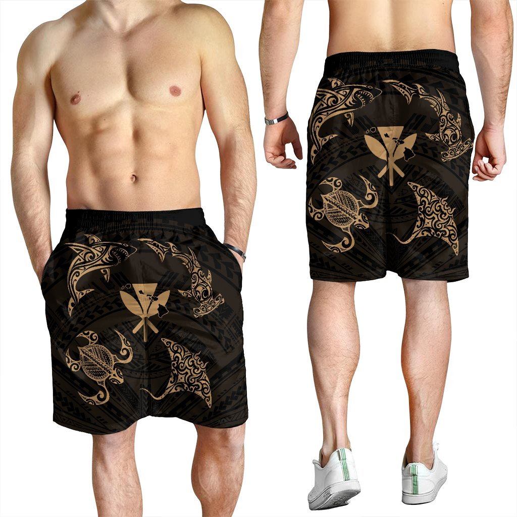 Polynesian Turtle Hammerhead Shark Ray Kanaka Hawaii Men's Shorts Circle Gold - AH - Polynesian Pride