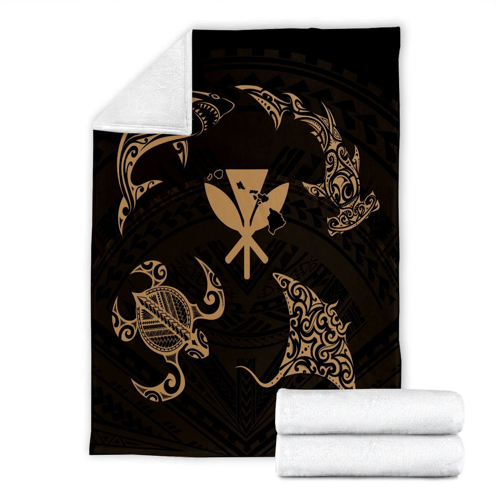 Polynesian Turtle Hammerhead Shark Ray Kanaka Hawaii Premium Blankets Circle Gold - AH - Polynesian Pride