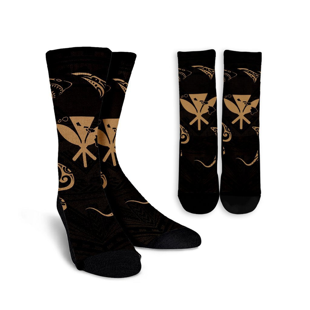 Polynesian Turtle Hammerhead Shark Ray Kanaka Hawaii Crew Socks Circle Gold - AH Crew Socks White - Polynesian Pride