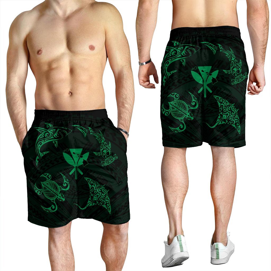 Polynesian Turtle Hammerhead Shark Ray Kanaka Hawaii Men's Shorts Circle Green - AH - Polynesian Pride