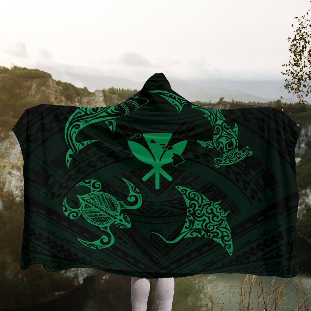 Polynesian Turtle Hammerhead Shark Ray Kanaka Hawaii Hooded Blanket Circle Green - AH - Polynesian Pride
