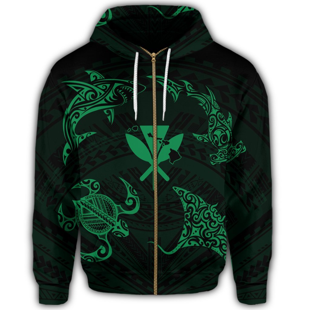 Polynesian Turtle Hammerhead Shark Ray Kanaka Hawaii Zip Hoodie Circle Green - Polynesian Pride