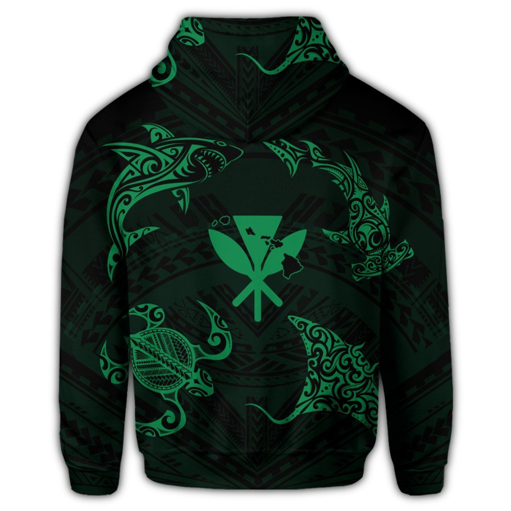 Polynesian Turtle Hammerhead Shark Ray Kanaka Hawaii Zip Hoodie Circle Green - Polynesian Pride