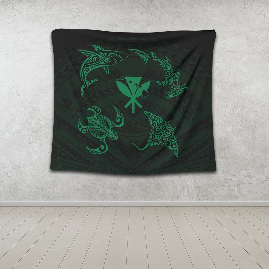 Polynesian Turtle Hammerhead Shark Ray Kanaka Hawaii Tapestry Circle Green - AH - Polynesian Pride