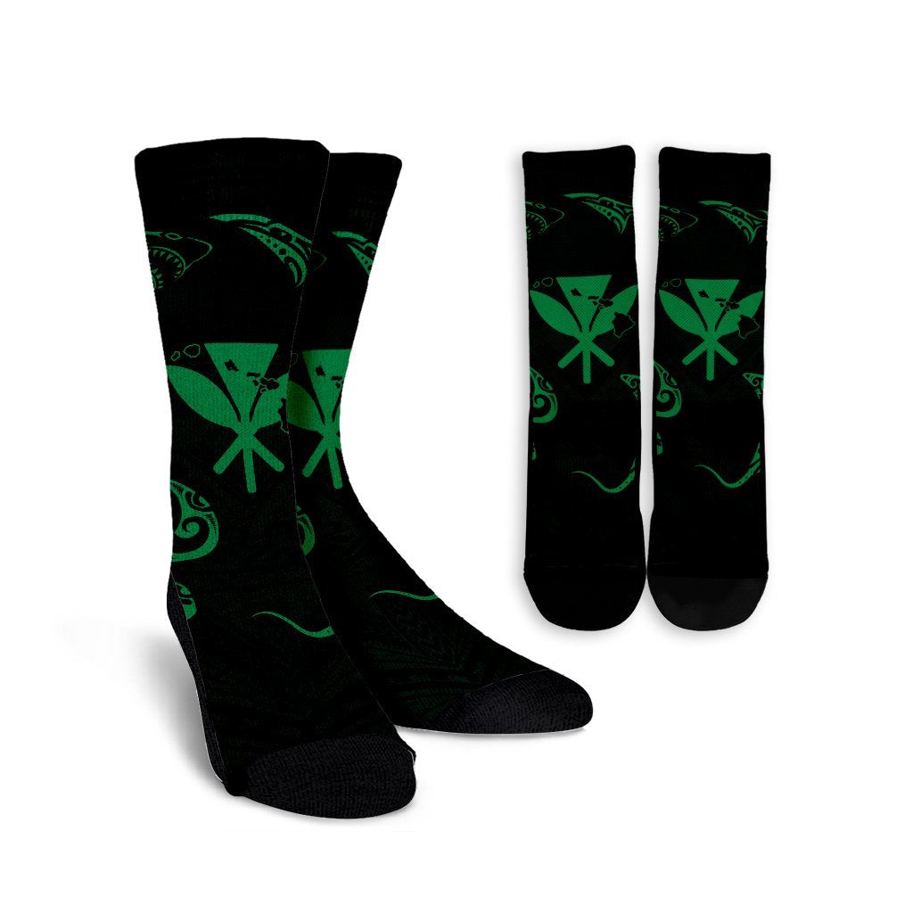 Polynesian Turtle Hammerhead Shark Ray Kanaka Hawaii Crew Socks Circle Green - AH Crew Socks White - Polynesian Pride
