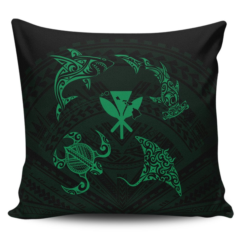 Polynesian Turtle Hammerhead Shark Ray Kanaka Hawaii Pillow Covers Circle Green - AH Pillow Covers Black - Polynesian Pride