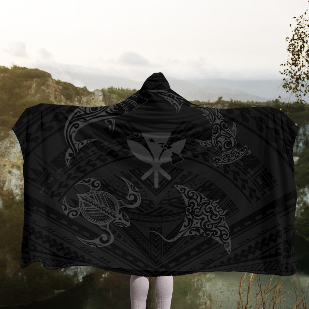Polynesian Turtle Hammerhead Shark Ray Kanaka Hawaii Hooded Blanket Circle Grey - AH - Polynesian Pride