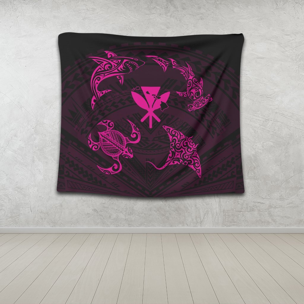 Polynesian Turtle Hammerhead Shark Ray Kanaka Hawaii Tapestry Circle Pink - AH - Polynesian Pride