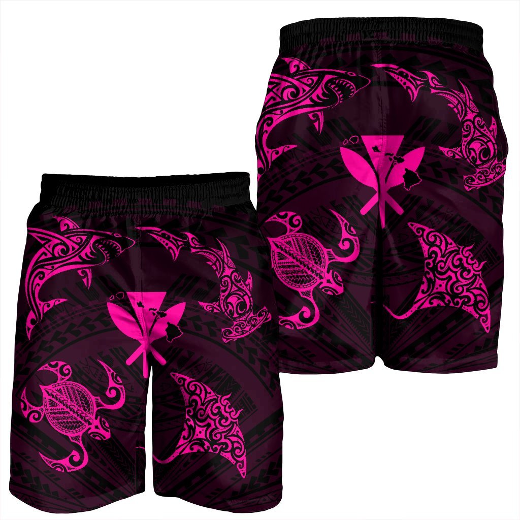 Polynesian Turtle Hammerhead Shark Ray Kanaka Hawaii Men's Shorts Circle Pink - AH - Polynesian Pride