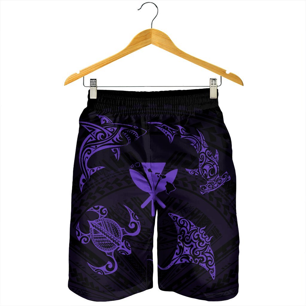 Polynesian Turtle Hammerhead Shark Ray Kanaka Hawaii Men's Shorts Circle Purple - AH - Polynesian Pride