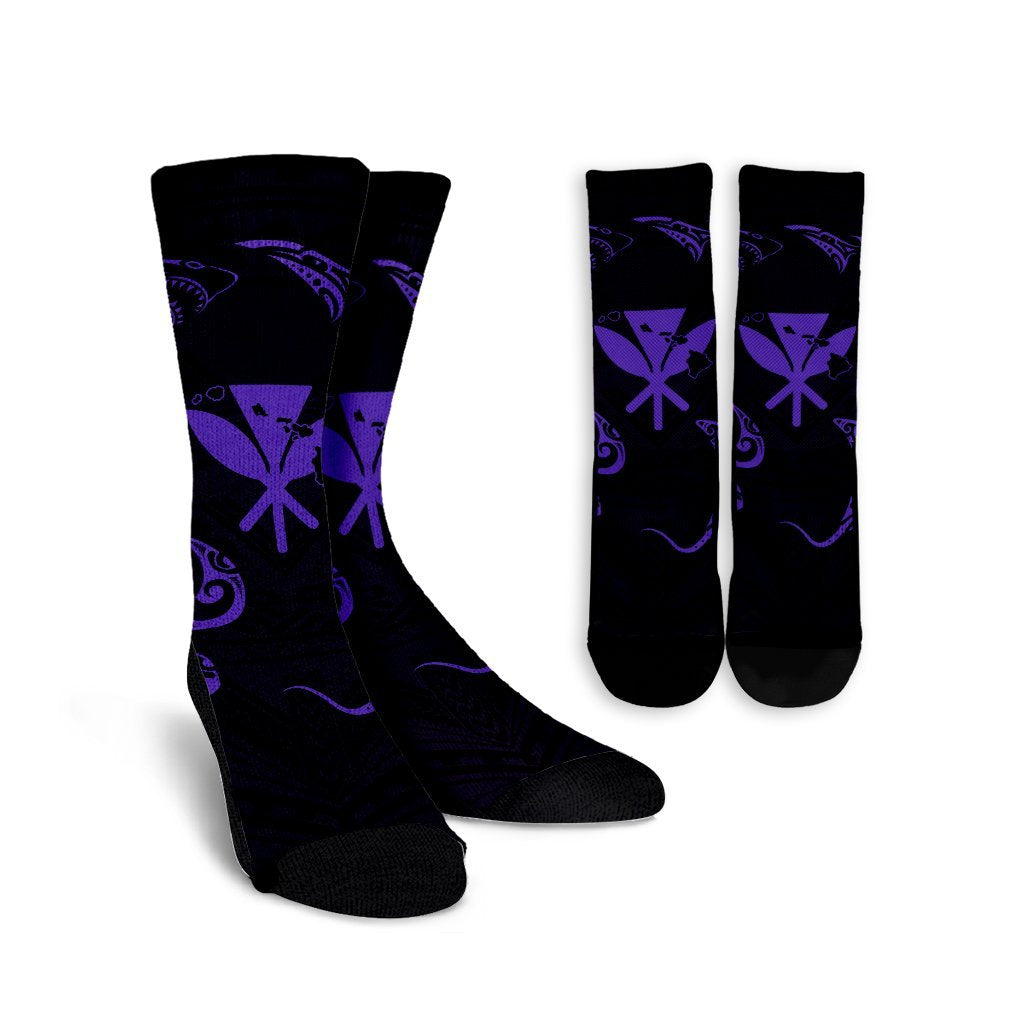 Polynesian Turtle Hammerhead Shark Ray Kanaka Hawaii Crew Socks Circle Purple - AH Crew Socks White - Polynesian Pride
