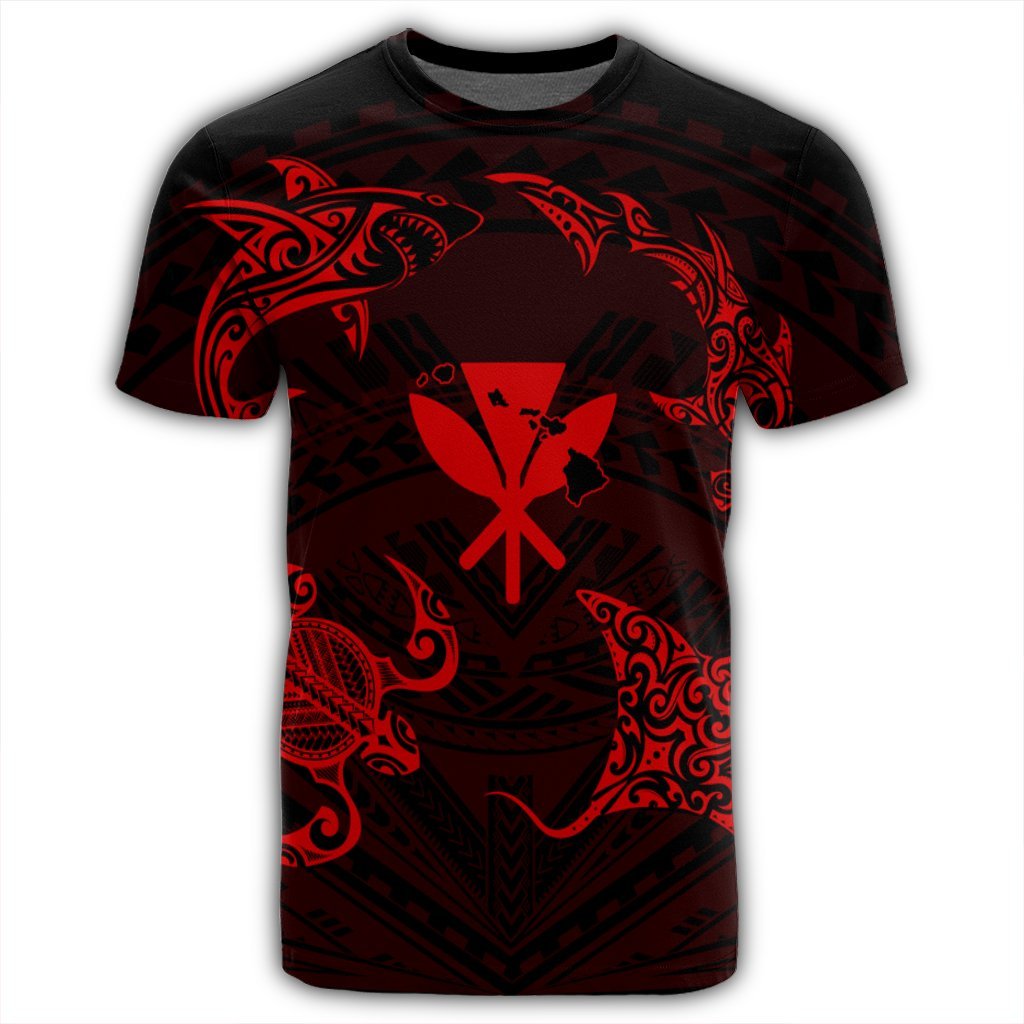 Polynesian Turtle Hammerhead Shark Ray Kanaka Hawaii T Shirt Circle Red AH - Polynesian Pride