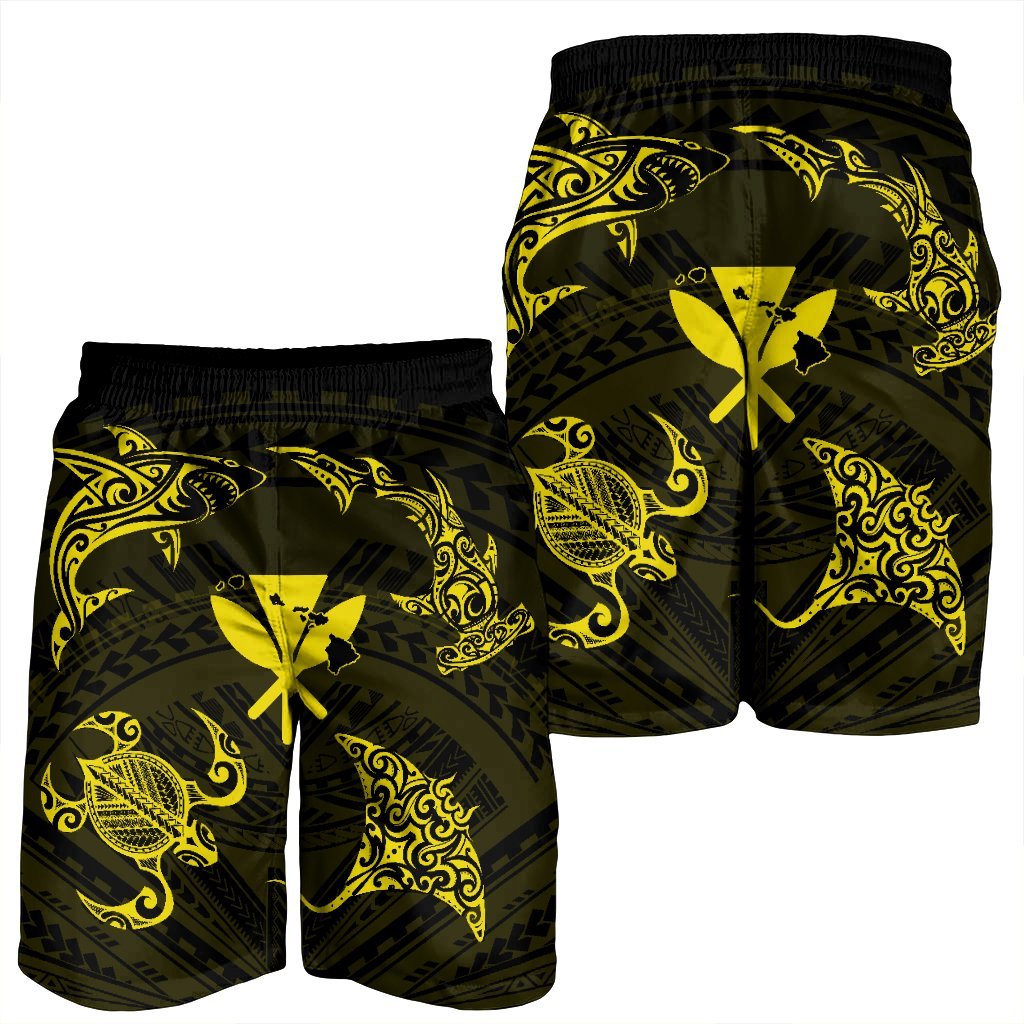 Polynesian Turtle Hammerhead Shark Ray Kanaka Hawaii Men's Shorts Circle Yellow - AH - Polynesian Pride