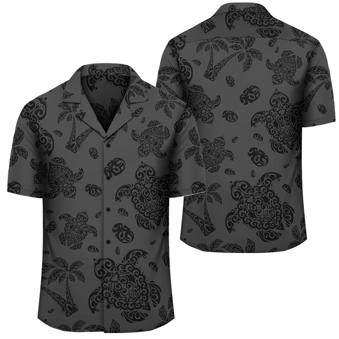 Polynesian Turtle Palm And Sea Pebbles Gray Hawaiian Shirt Unisex Black - Polynesian Pride
