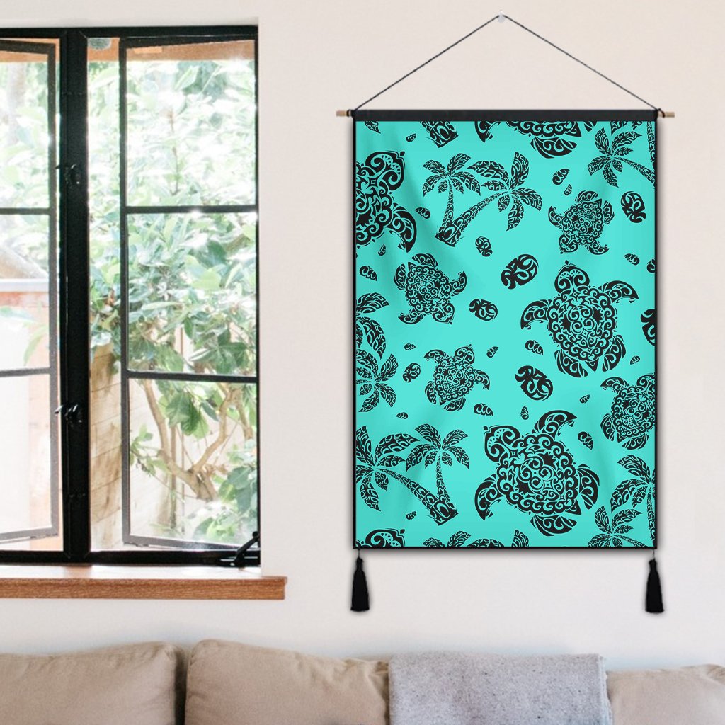 Polynesian Turtle Palm And Sea Pebbles Turquoise Hanging Poster - AH Hanging Poster 50 x 75 cm Cotton And Linen - Polynesian Pride