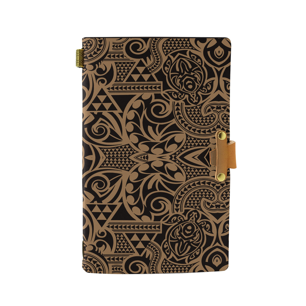 Hawaii Polynesian Kakau Turtle Gold Leather Notebook Leather Black - Polynesian Pride