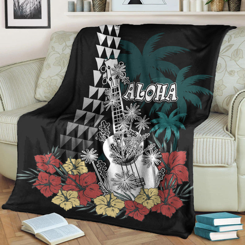 Hawaii Ukulele Mix Hibiscus and Coconut Tree Premium Blanket Aloha Vintage Black Version LT9 White - Polynesian Pride