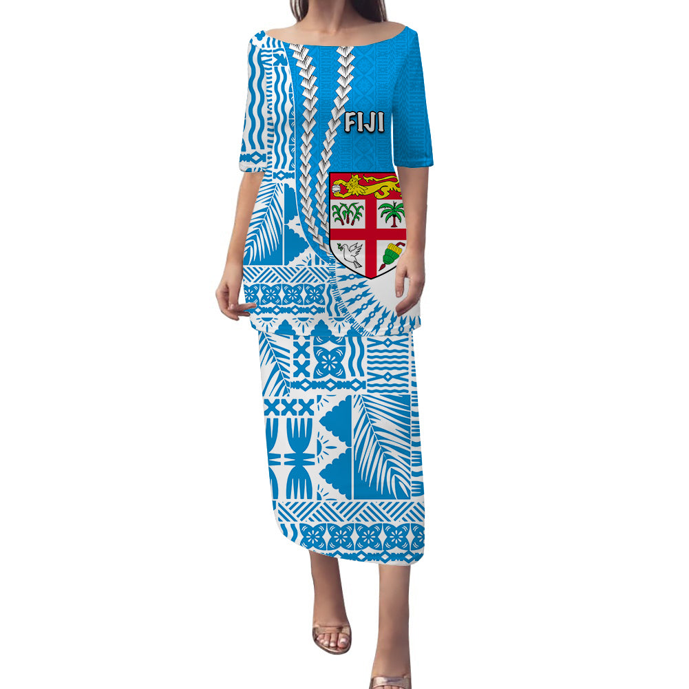 knee length dresses for ladies Fiji Puletasi Dress Masi Tapa Patterns Blue Style