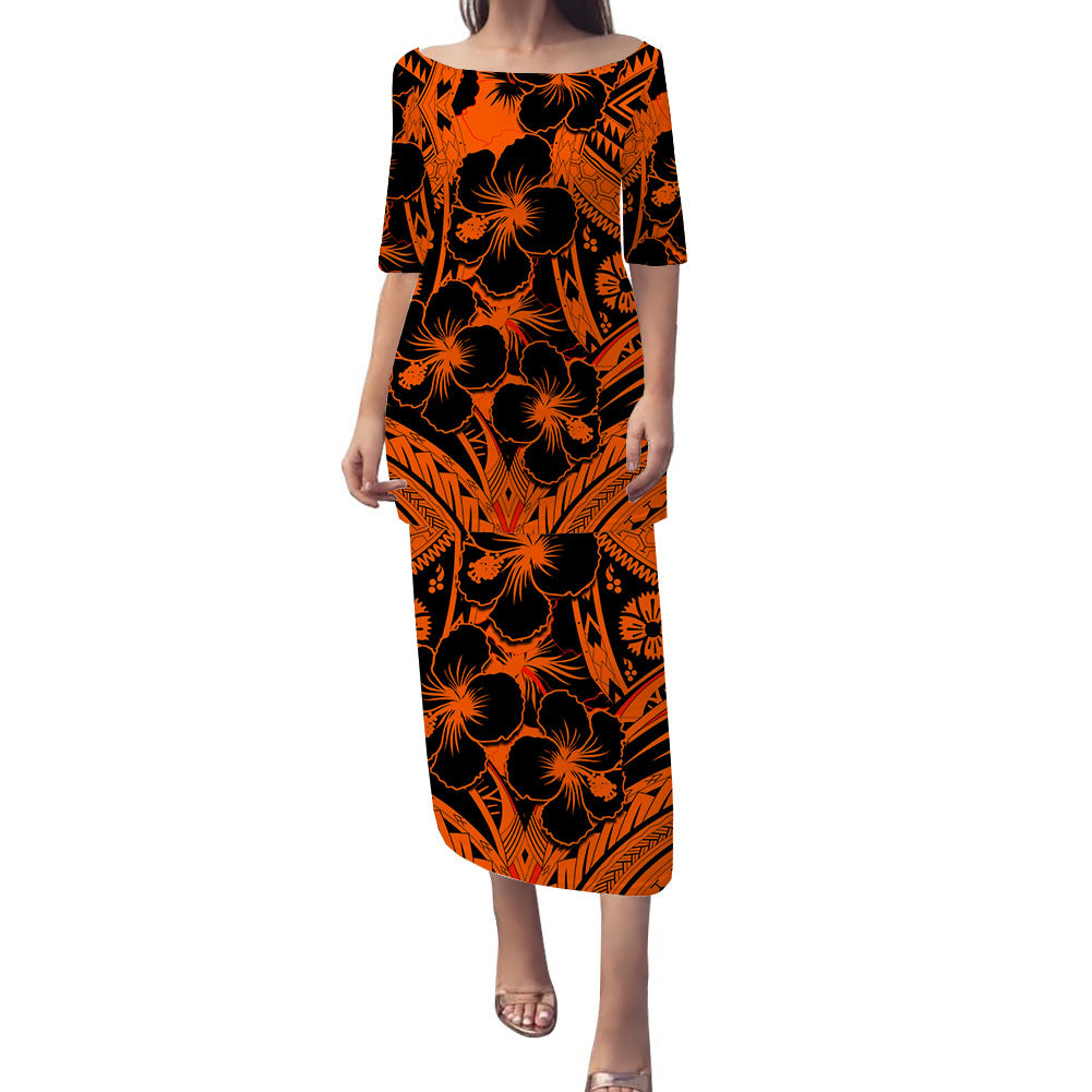Hibiscus Puletasi Dress Fiji Orange Patterns LT6 Long Dress Orange - Polynesian Pride