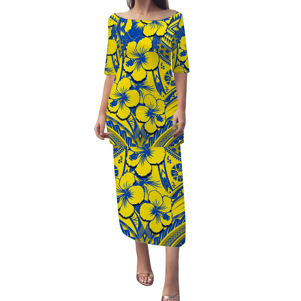 Hibiscus Puletasi Dress Yellow Fiji Patterns LT6 Women Yellow - Polynesian Pride