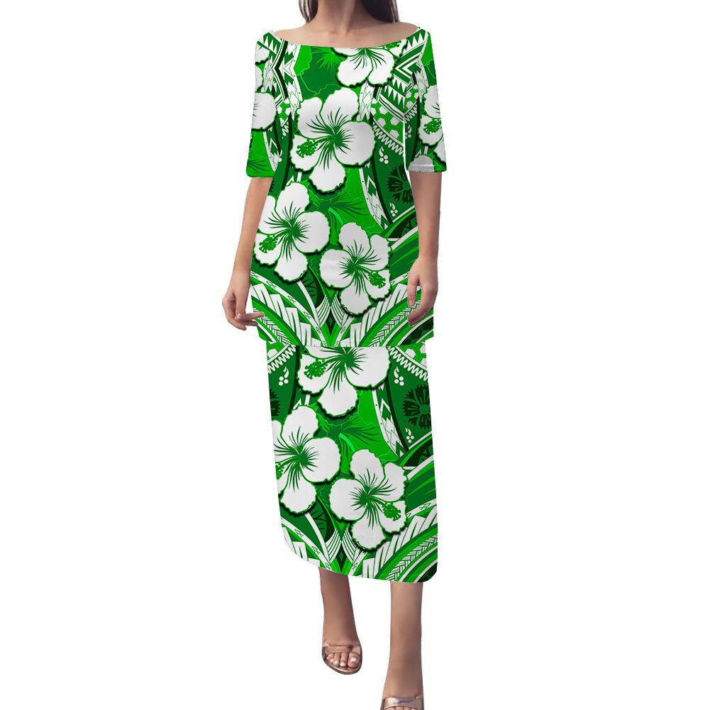 Hibiscus Puletasi Dress Green Fiji Patterns LT6 Women Green - Polynesian Pride