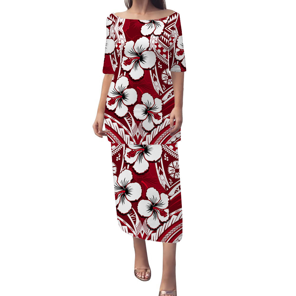 Hibiscus Puletasi Dress Fiji Red Patterns LT6 Women Red - Polynesian Pride