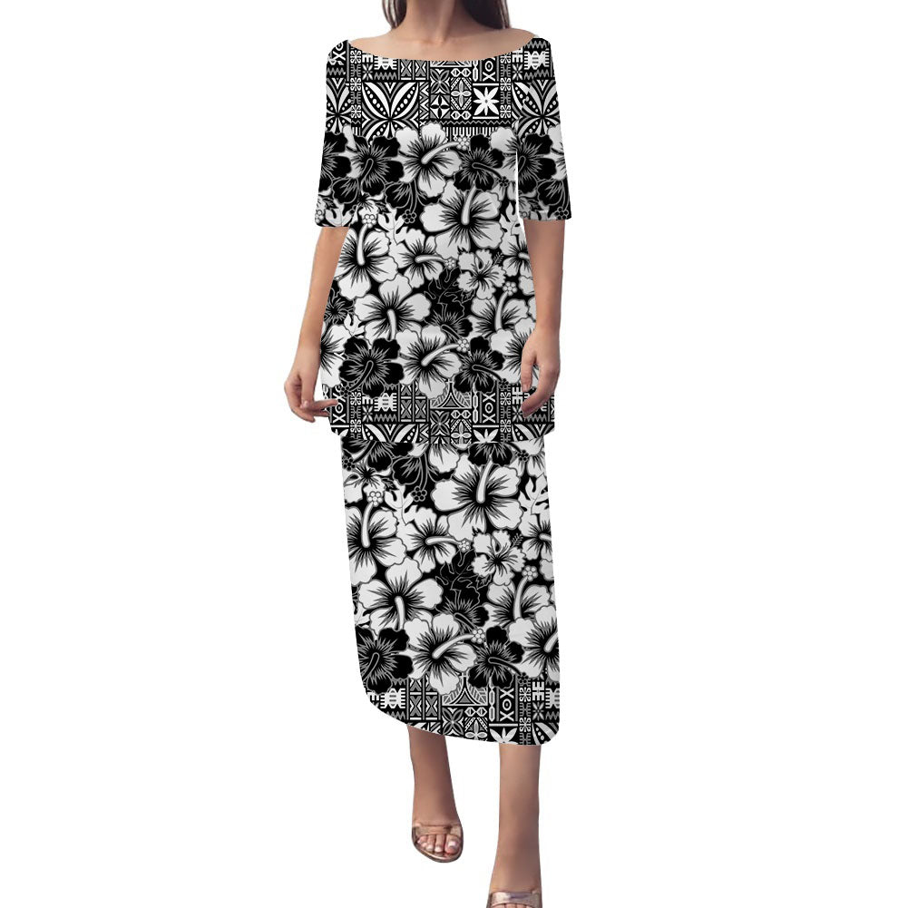 Fiji Hibiscus Festival Puletasi Dress Black LT6 Women Black - Polynesian Pride