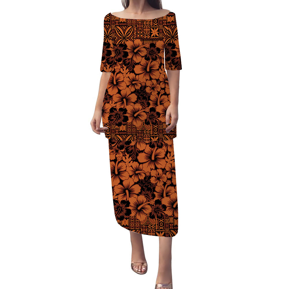 Fiji Hibiscus Festival Puletasi Dress Orange LT6 Women Orange - Polynesian Pride