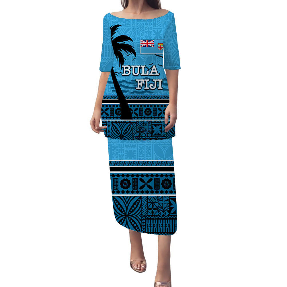 Bula Fiji Puletasi Dress Tapa LT6 Women Blue - Polynesian Pride