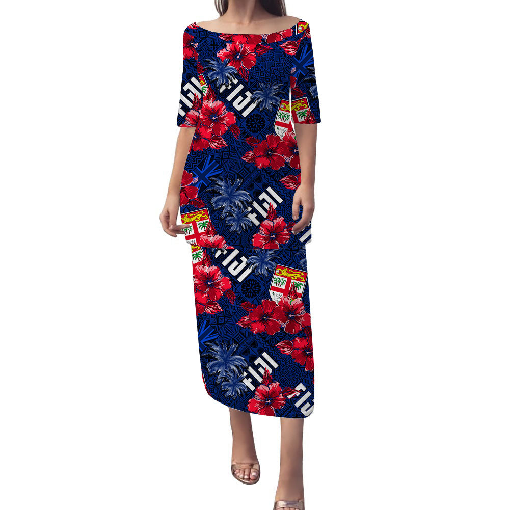 Fiji Hibiscus Puletasi Dress Hawaii Style No.2 LT6 Women Blue - Polynesian Pride