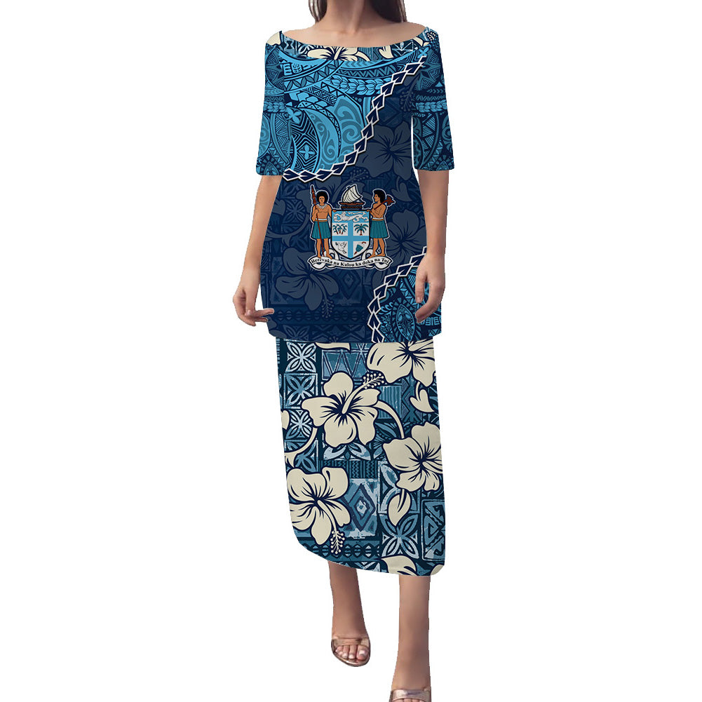 Fiji Puletasi Dress Tapa Pattern Style LT9 Blue - Polynesian Pride