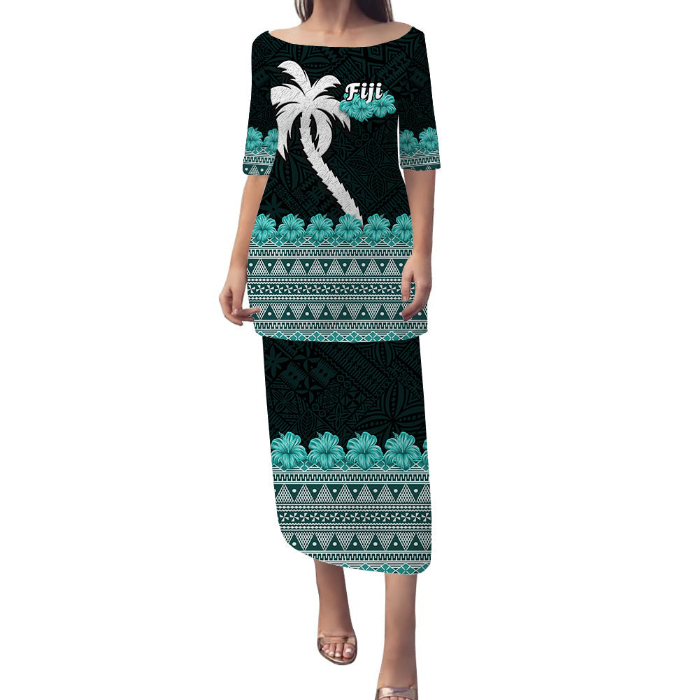 Fiji Puletasi Dress Hibiscus Flowers With Coconut Tapa Pattern Ver.02 LT14 Turquoise - Polynesian Pride