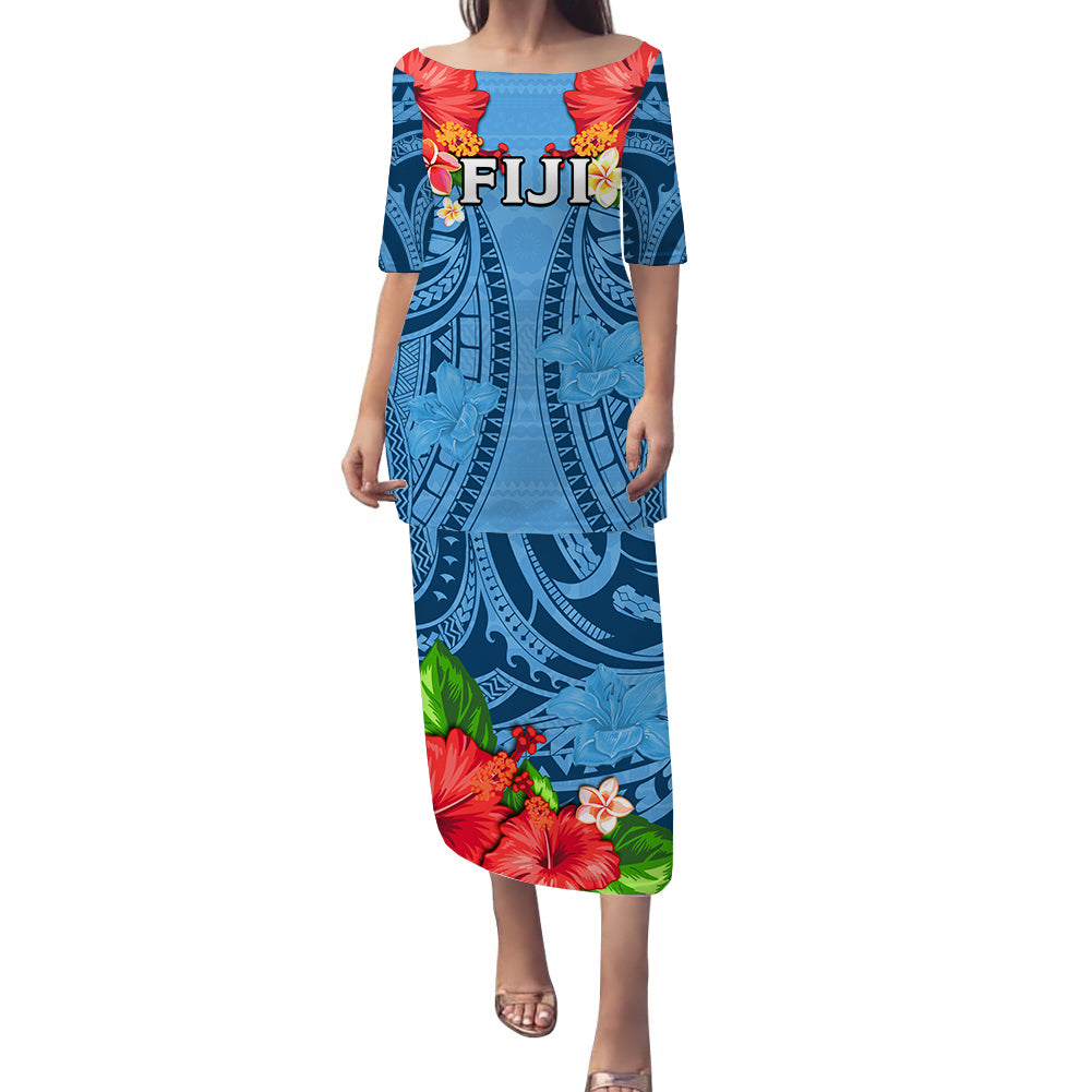 Fiji Puletasi Dress Hibiscus Flowers With Polynesian Pattern LT14 Blue - Polynesian Pride