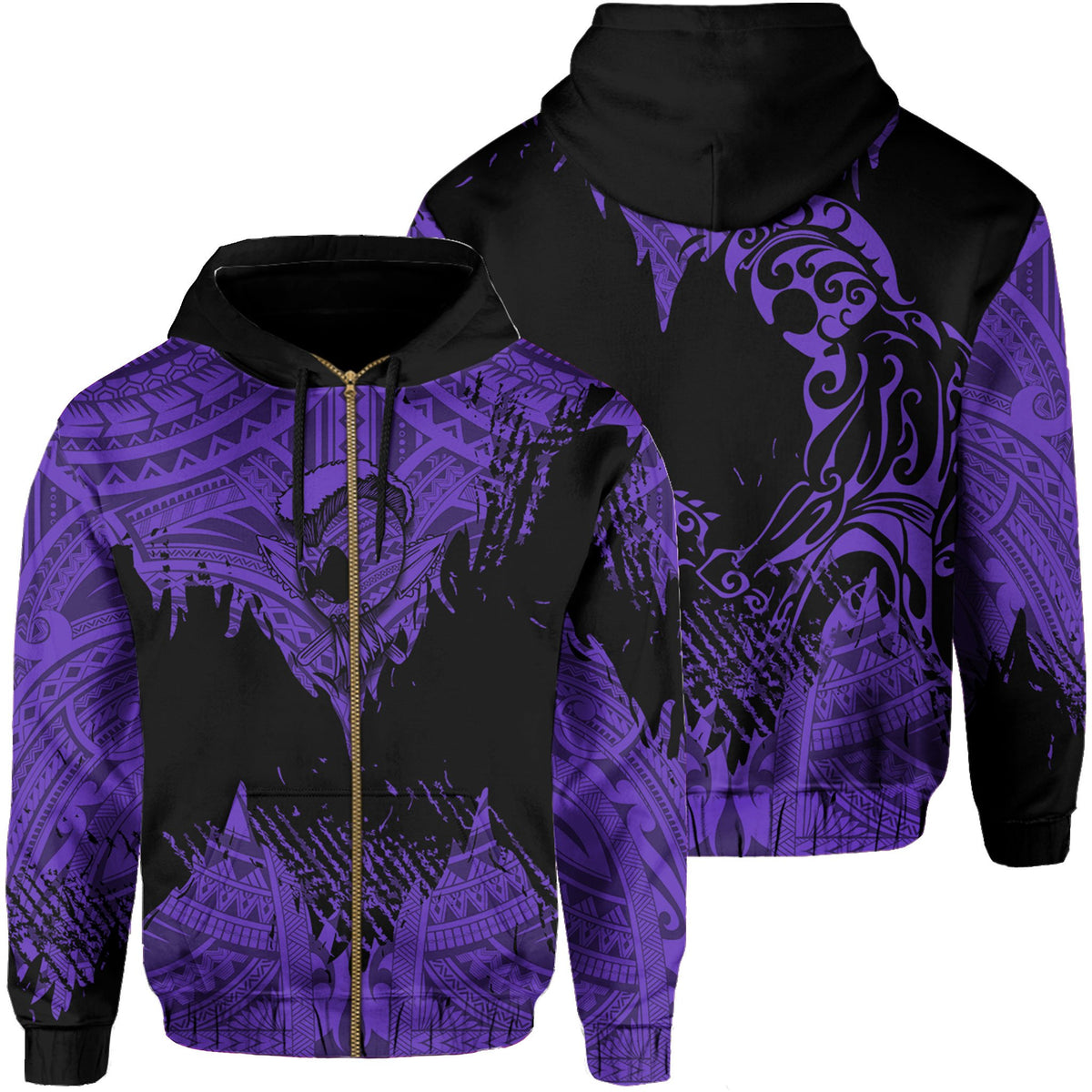 Hawaii Polynesian Hoodie Zip Warrior Ikaika Benjamin Style Purple Unisex Black - Polynesian Pride