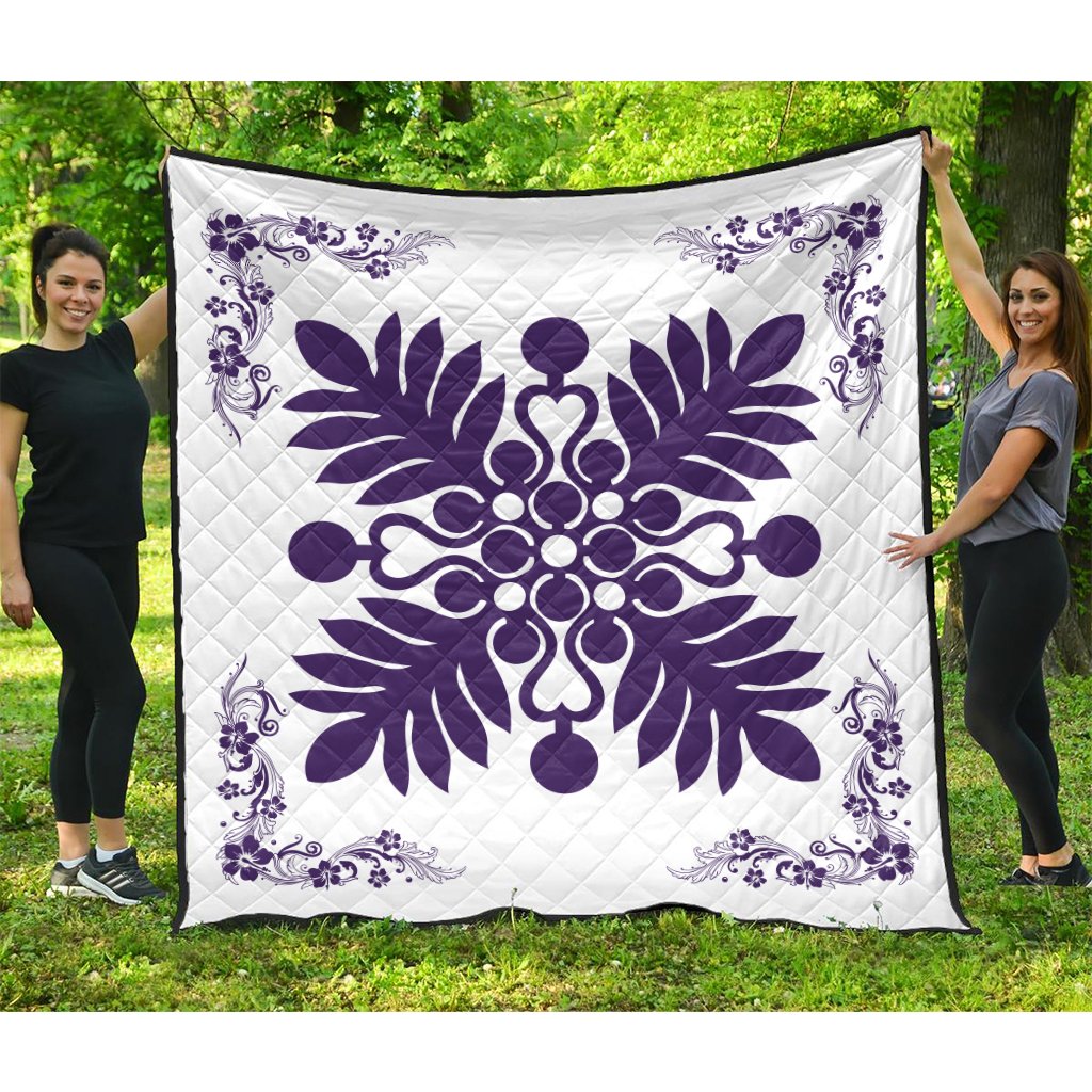 Hawaiian Quilt Maui Plant And Hibiscus Premium Quilt - Purple White - AH Purple - Polynesian Pride