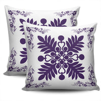 Hawaiian Quilt Maui Plant And Hibiscus Pattern Pillow Covers - Purple White - AH - Polynesian Pride
