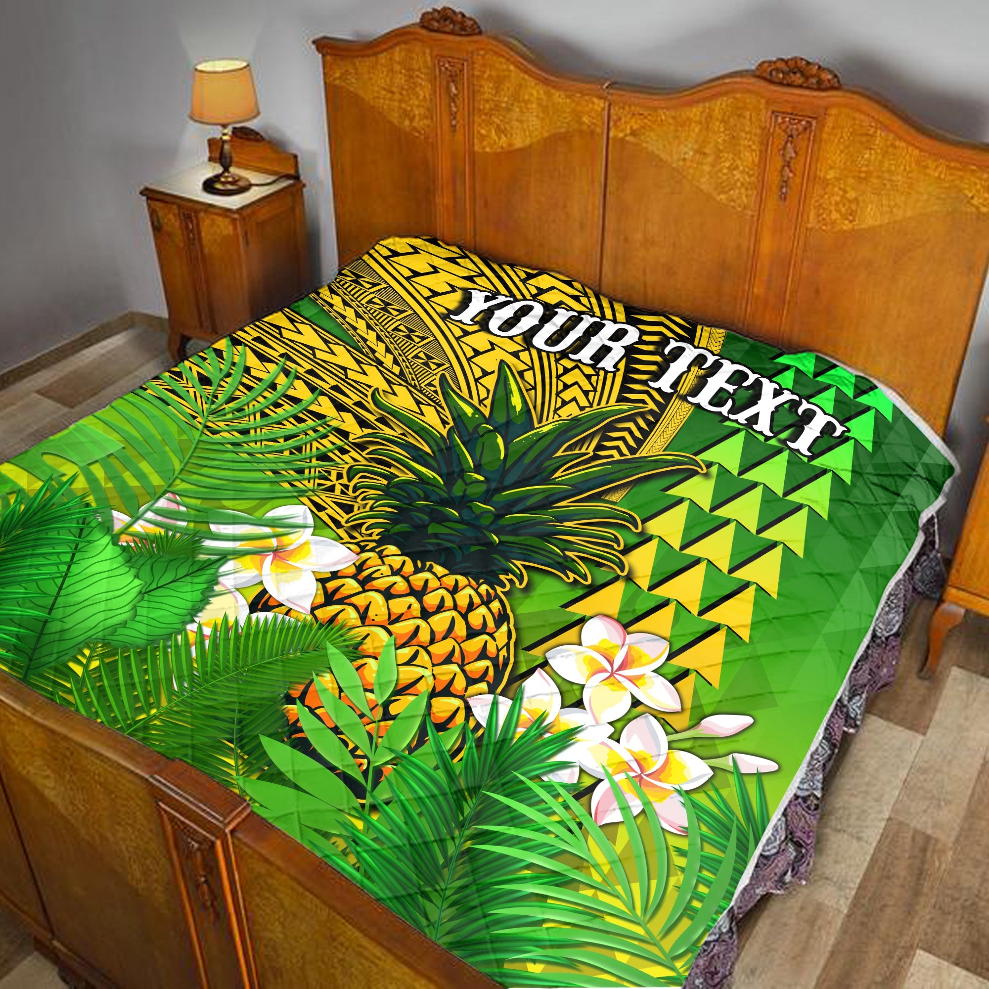 (Custom Personalised) Hawaii Pineapple Premium Quilt Plumeria Frangipani Mix Tribal Pattern LT13 Green - Polynesian Pride