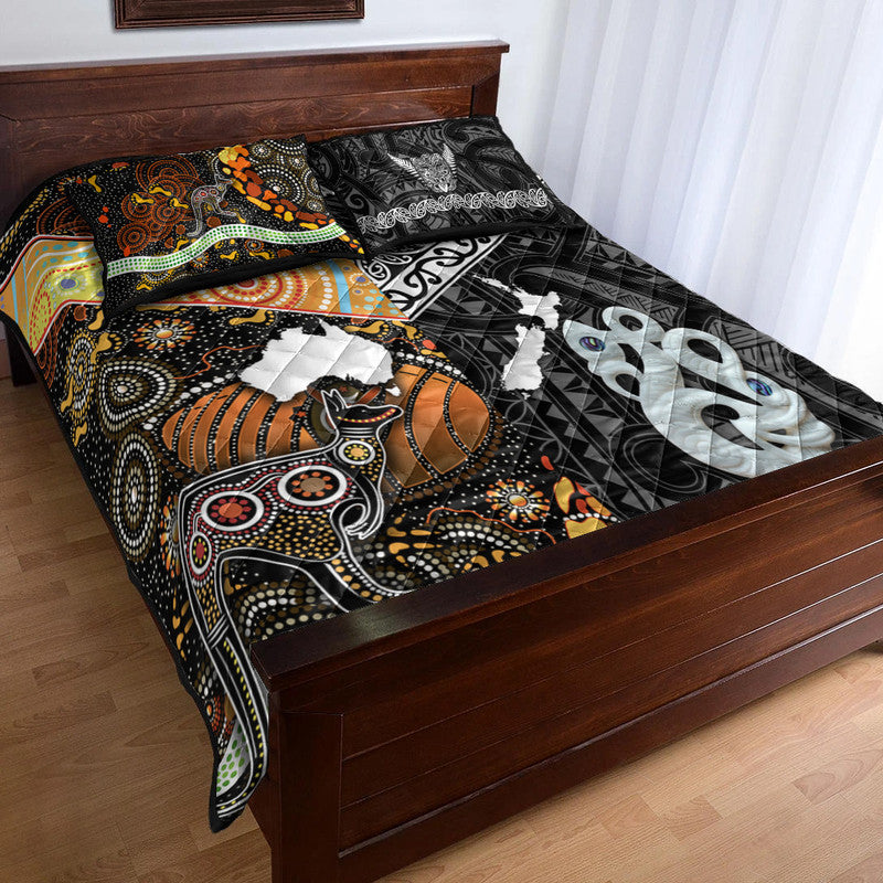 New Zealand Maori Aotearoa And Australia Aboriginal Quilt Bed Set Together - Black LT8 - Polynesian Pride