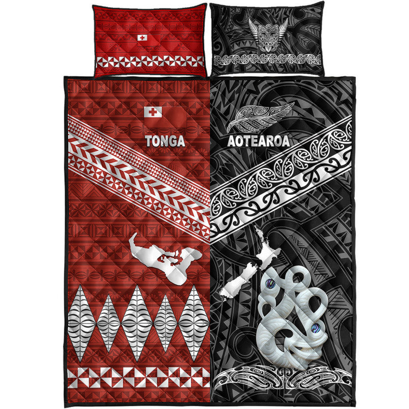 New Zealand And Tonga Quilt Bed Set Together - Black LT8 - Polynesian Pride