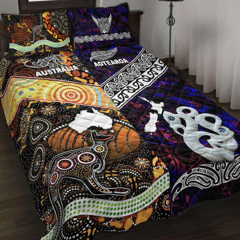 New Zealand Maori Aotearoa And Australia Aboriginal Quilt Bed Set Together - Purple LT8 Purple - Polynesian Pride