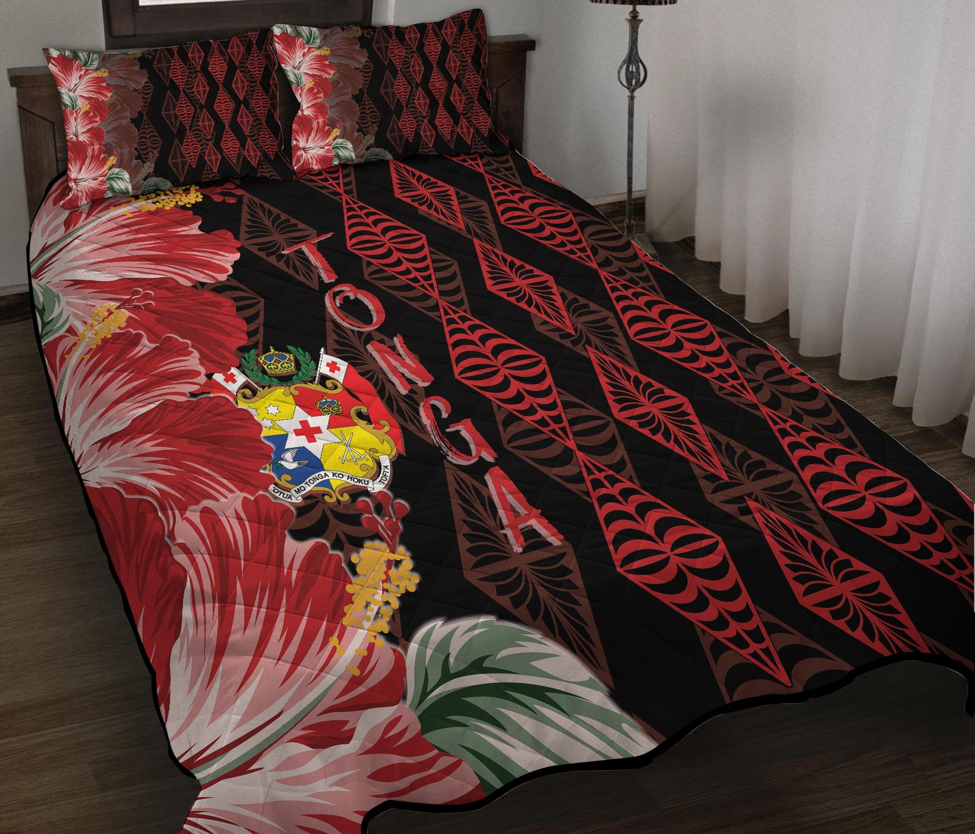 Tonga Quilt Bed Set Diamond Style Mix Hibiscus - Black LT7 Black - Polynesian Pride